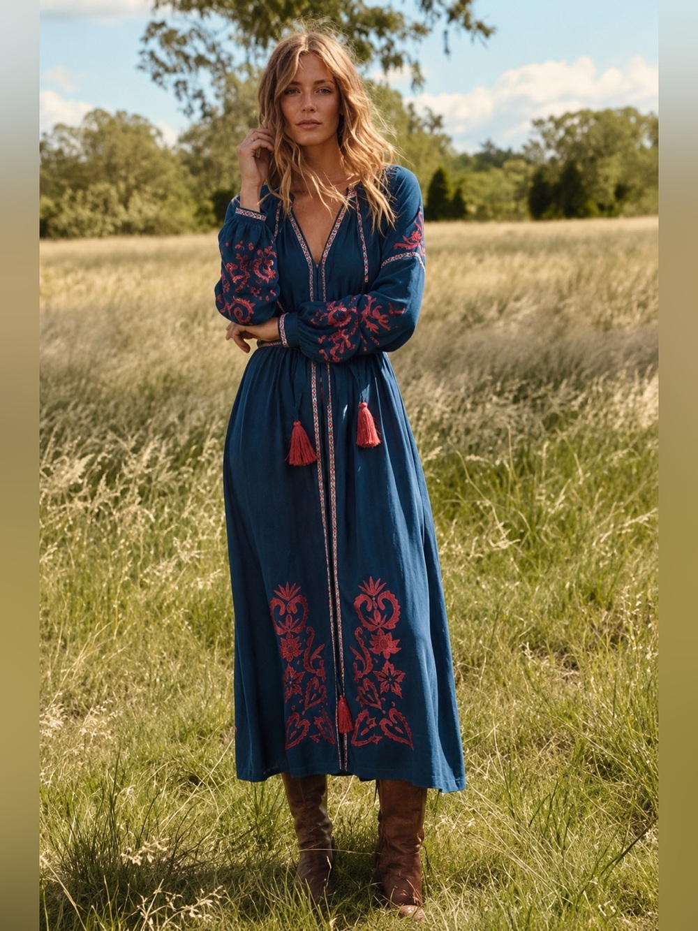 Wayward Fancies by eShakti Embroidered Boho Midi Dress – Size M-8- Stunning!